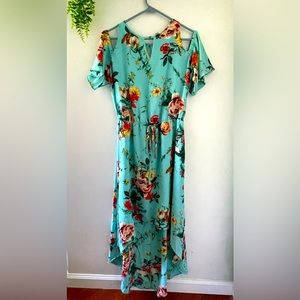 Belle Sky High Low Blue Floral Multi Cold Shoulder Dress